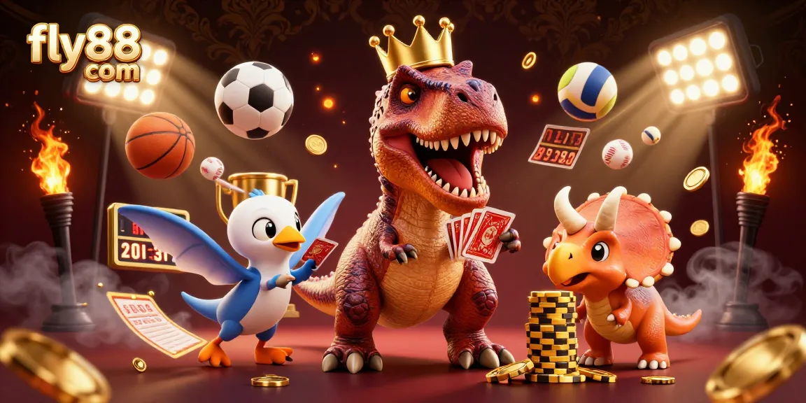 Experience thrilling gameplay at fly88 com featuring animated dinosaurs in a vibrant casino setting.