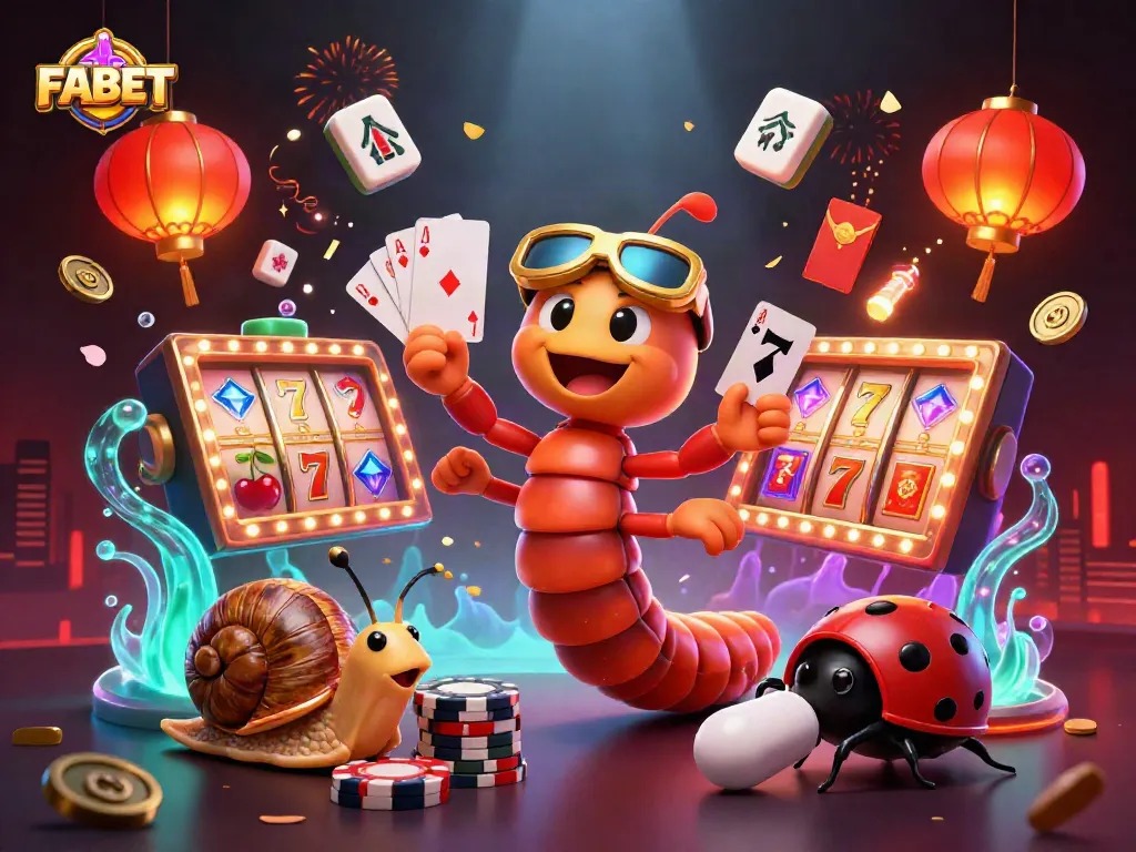 Join the excitement at FABET with vibrant 3D casino characters, showcasing thrilling slot gameplay and festive elements.