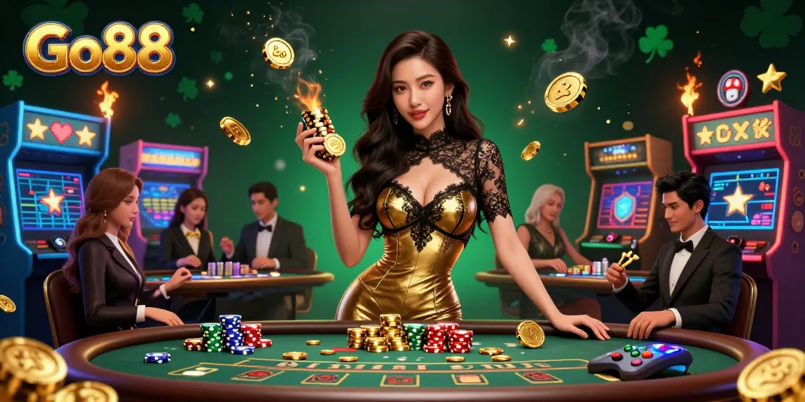Experience high-stakes action at Go88 with casino chips amidst vibrant gaming elements.