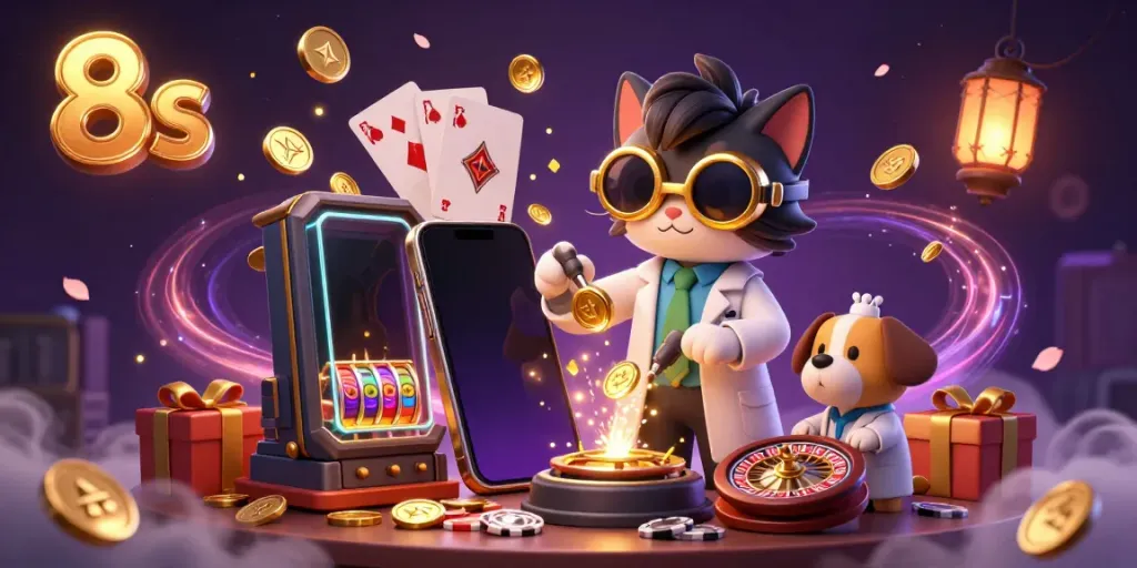 Engage in thrilling gameplay with 8s, featuring a scene with colorful slot games, poker chips, and playful characters.