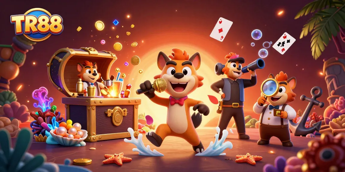 TR88 hyenas entertain guests in an exciting casino environment featuring gold coins, vibrant gems, and lively games.