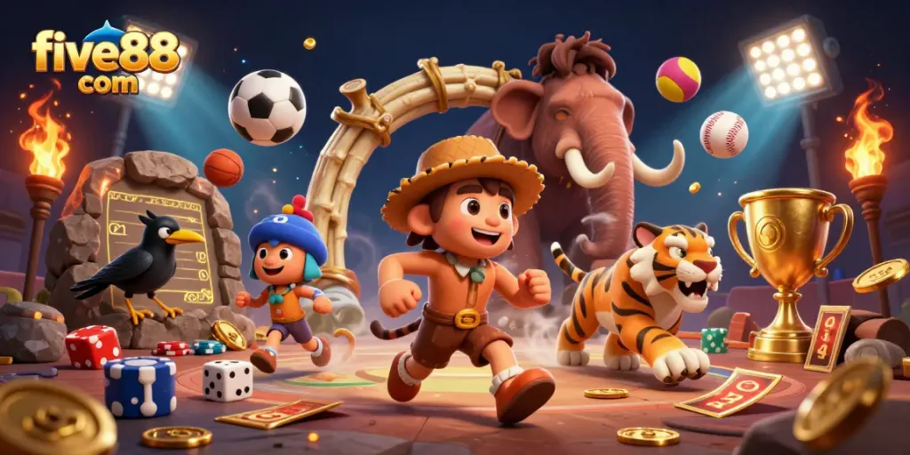 Experience thrilling gameplay at five88 com with our vibrant casino illustration featuring engaging characters and dynamic elements.