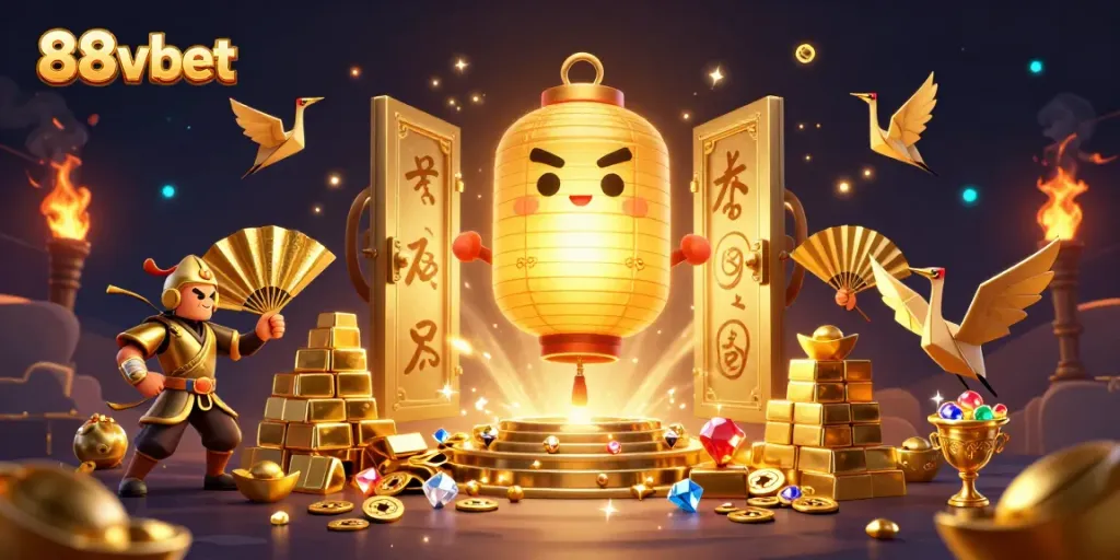 Experience thrilling moments at 88vbet with vibrant characters and golden treasures in a dazzling casino scene.