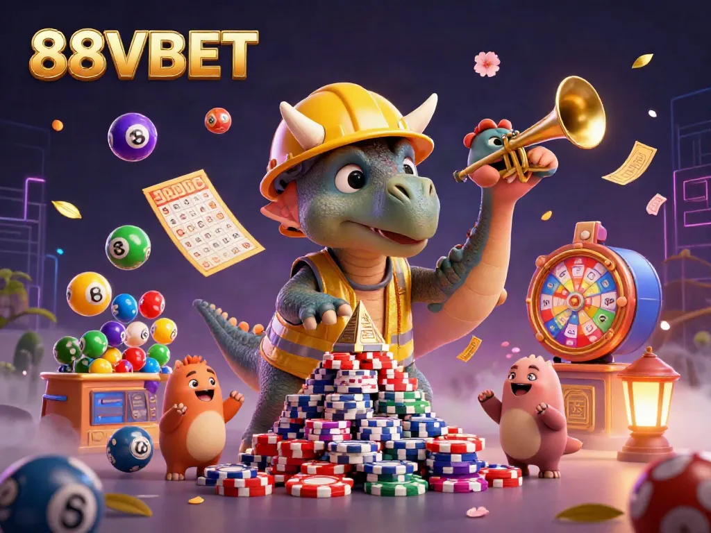 Engage in thrilling gameplay with 88VBET's exciting pyramid of poker chips and festive characters.