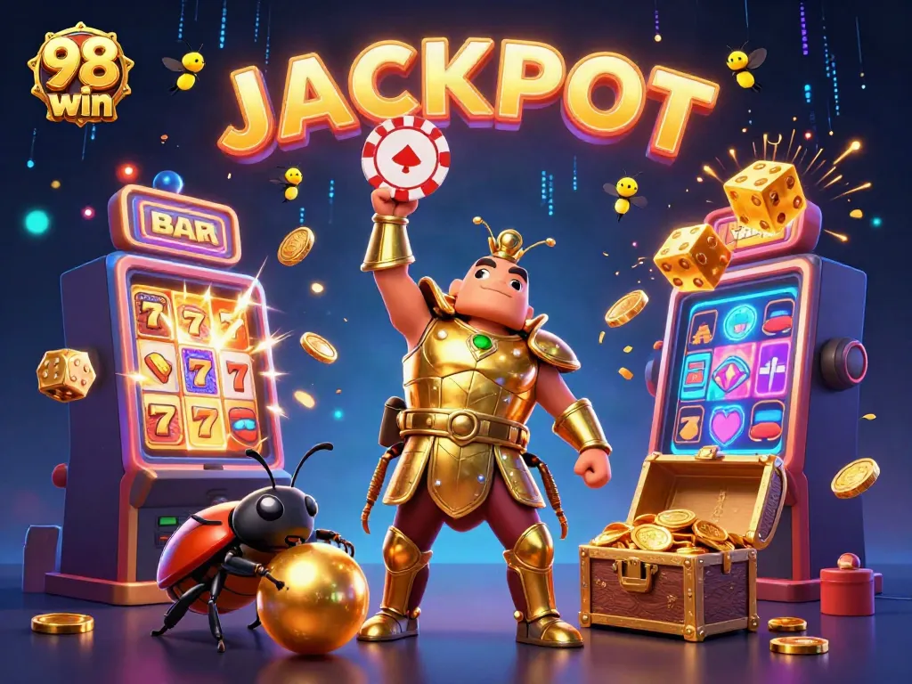 Experience winning moments with 98 win as hercules beetle celebrates a jackpot victory in a vibrant casino scene.