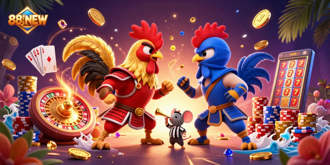 Engage with 888NEW's thrilling gaming experience featuring combat-ready roosters among casino elements.