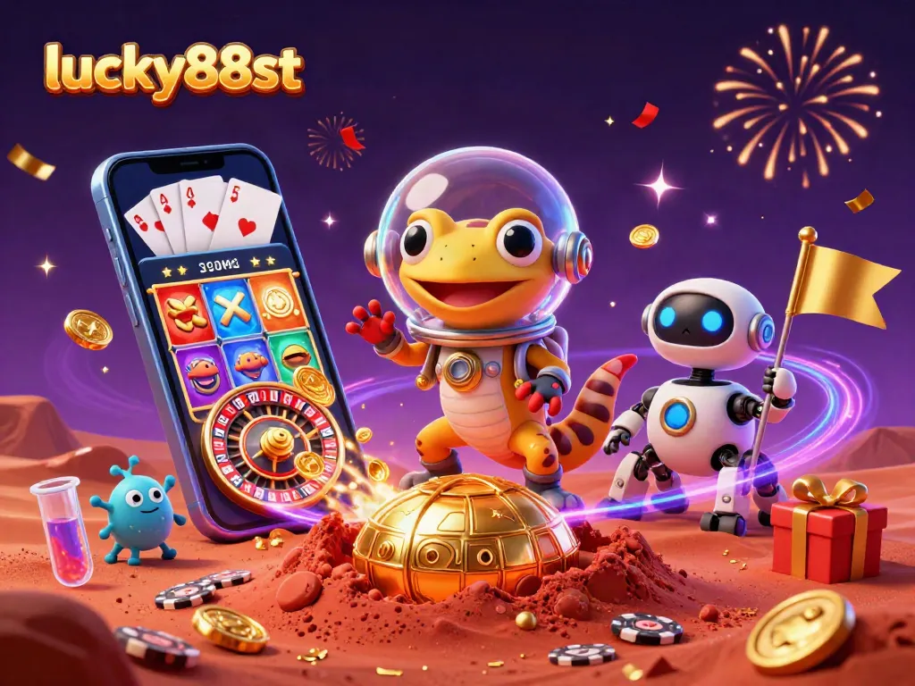 Cheerful Martian gecko and friends explore lucky88st casino in a vibrant 3D gaming scene.
