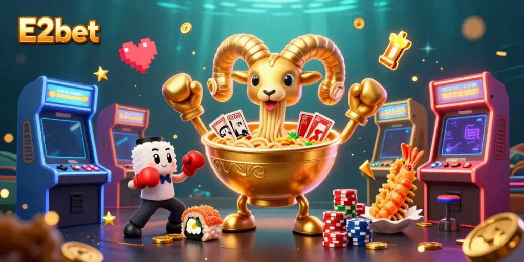 Engage in thrilling card games with E2bet's vibrant casino atmosphere featuring cartoon characters, poker chips, and game machines.