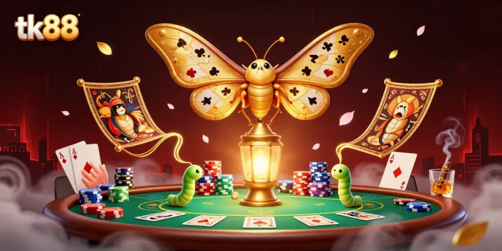 Engage with tk88's captivating casino scene featuring vibrant card suits and dynamic poker elements.