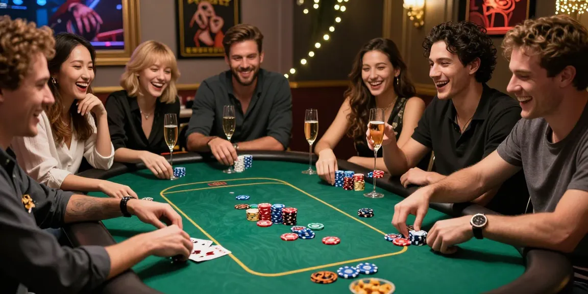 Casino event chips on a vibrant poker table during a lively game night with friends.
