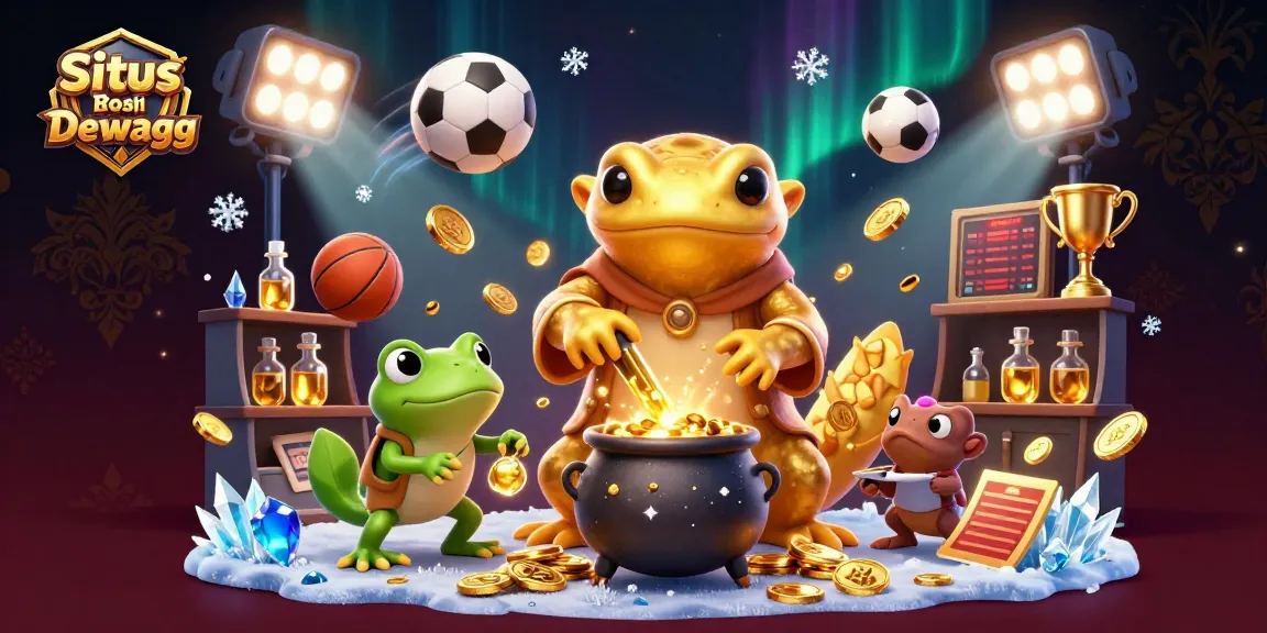 Engage with the Situs Bola Resmi Dewagg sports betting scene featuring golden alchemist and frogs in a vibrant 3D illustration.