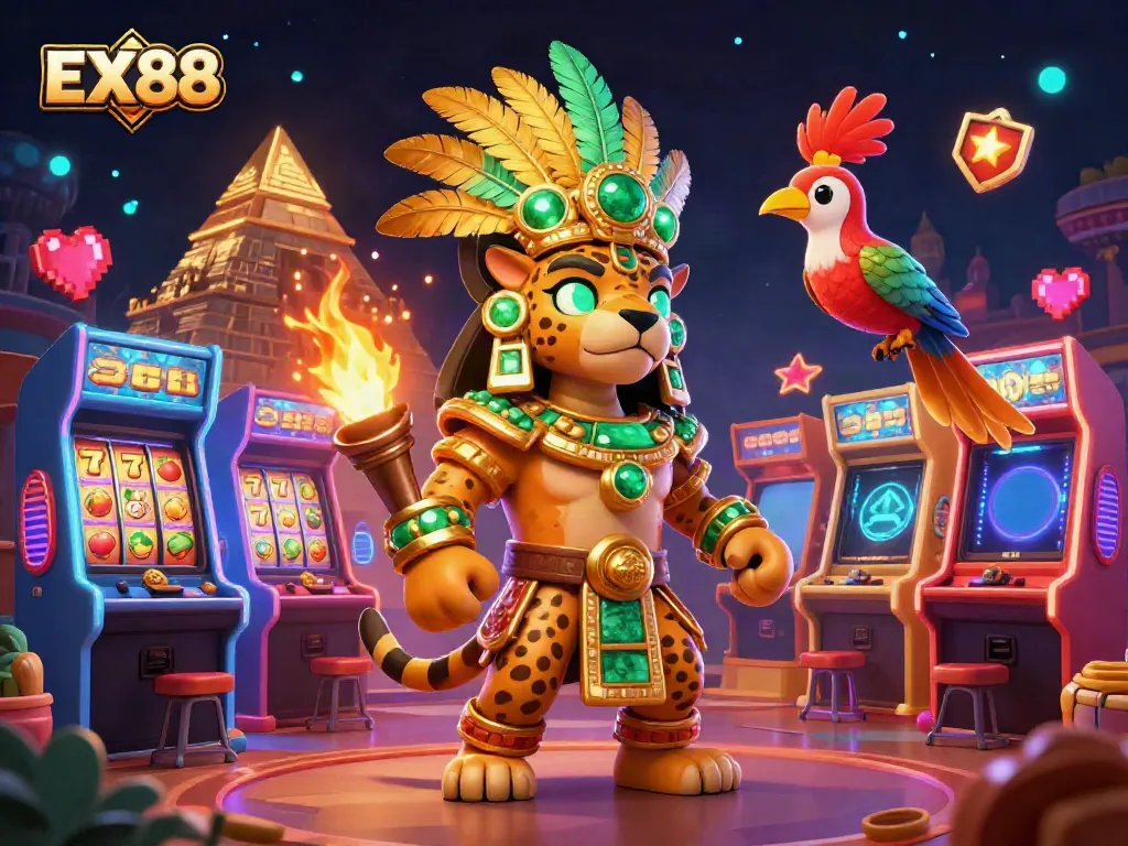 Experience the vibrant casino world of EX88 with a Mayan priest and stunning game elements.