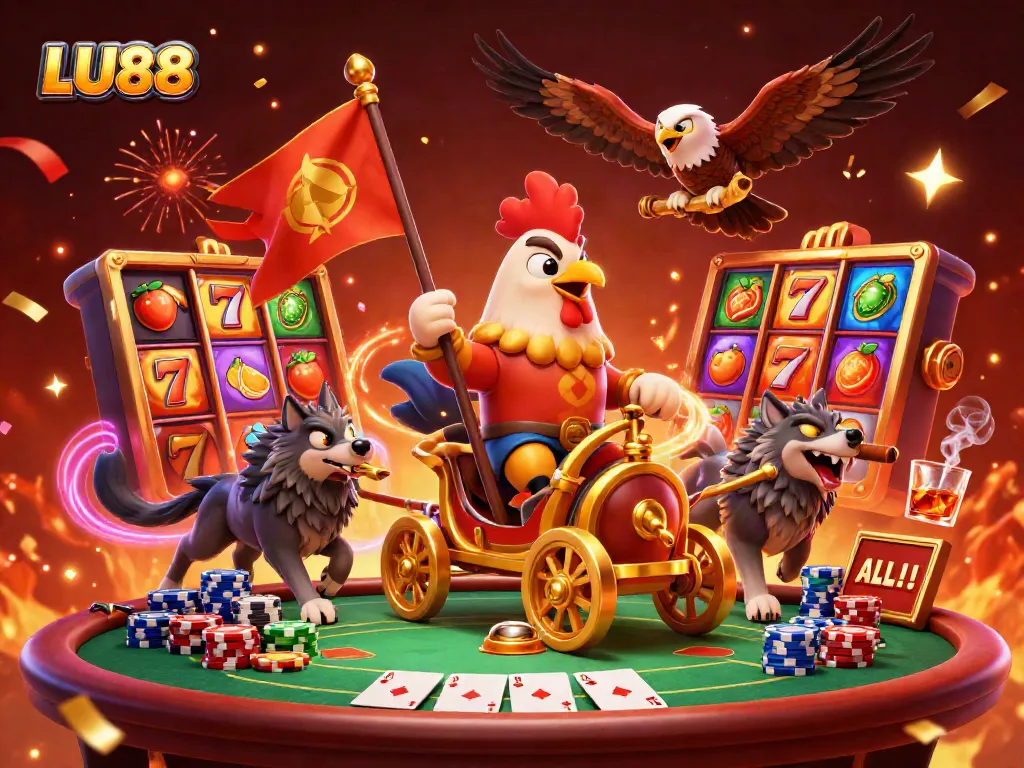 Play dynamic slot games at LU88 with a vibrant scene featuring a rooster warlord and exciting casino elements.