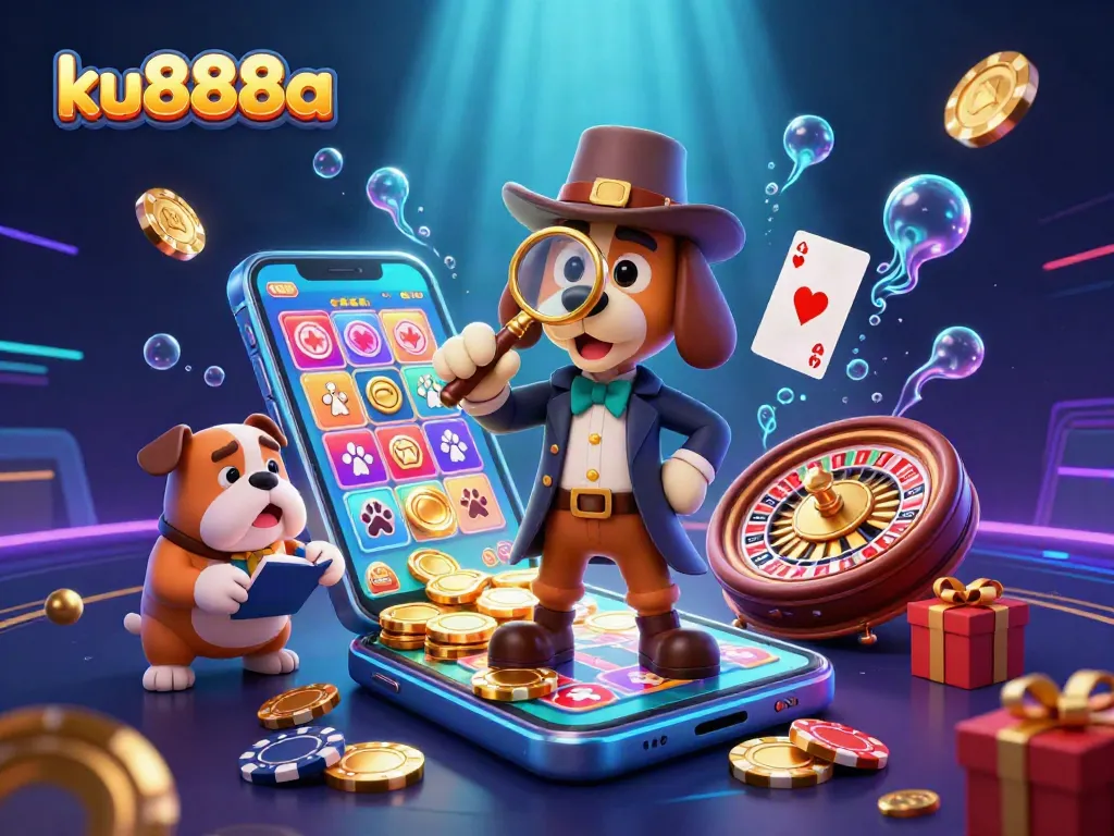 Engage in exciting gambling with ku888a as a detective bloodhound discovers a golden poker chip amidst vibrant gaming elements.