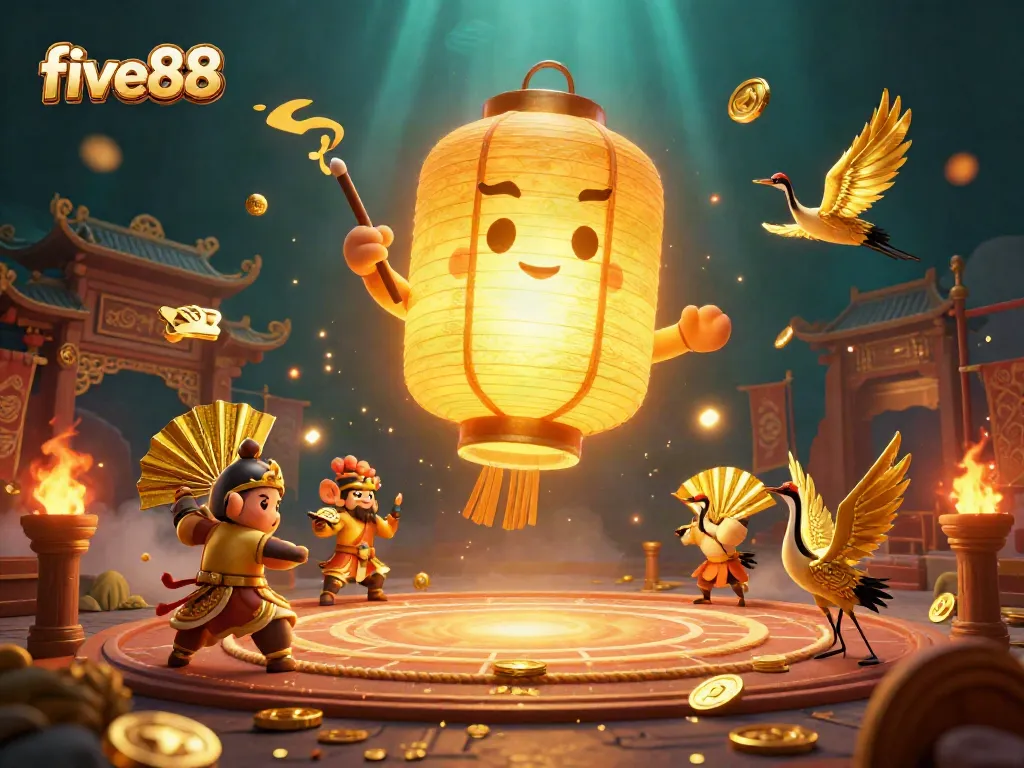Experience thrilling gameplay at five88 with a vibrant 3D scene full of casino elements, golden tokens, and animated characters.