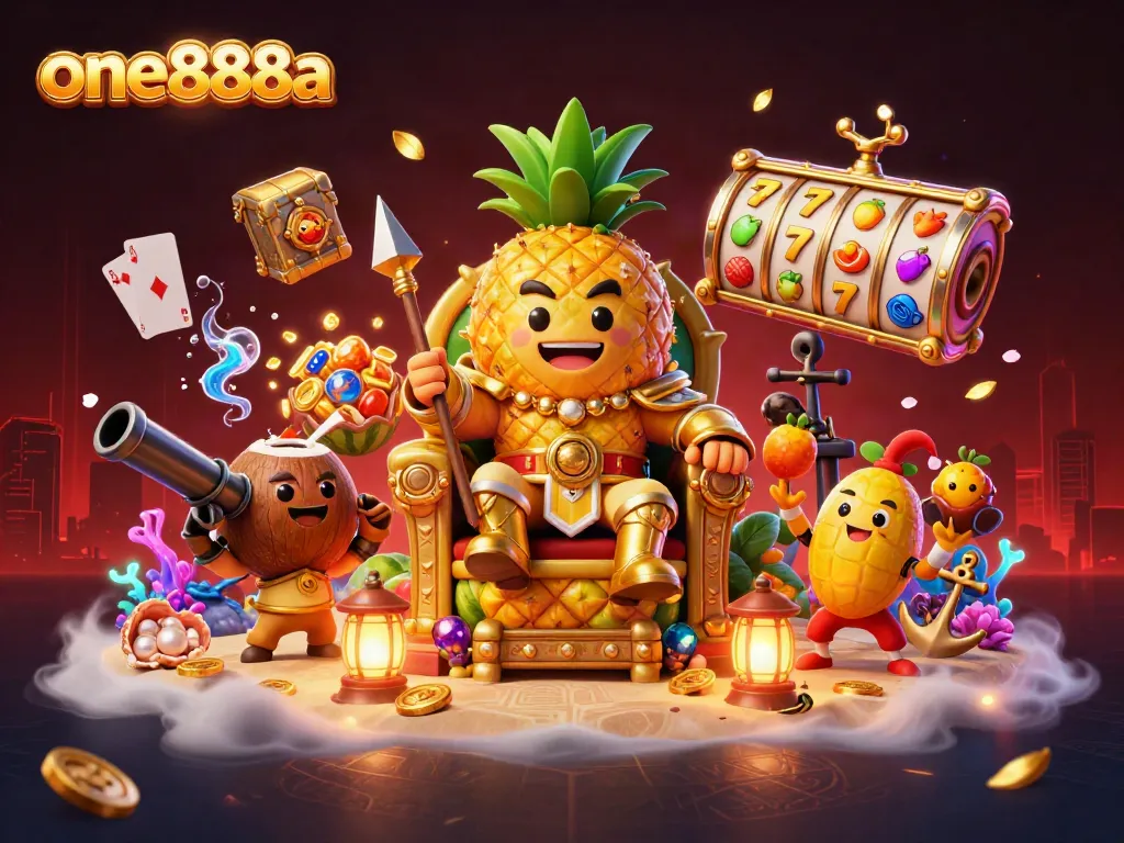 Experience thrilling gameplay at one888a as the cartoon pineapple king leads in a vibrant casino scene.
