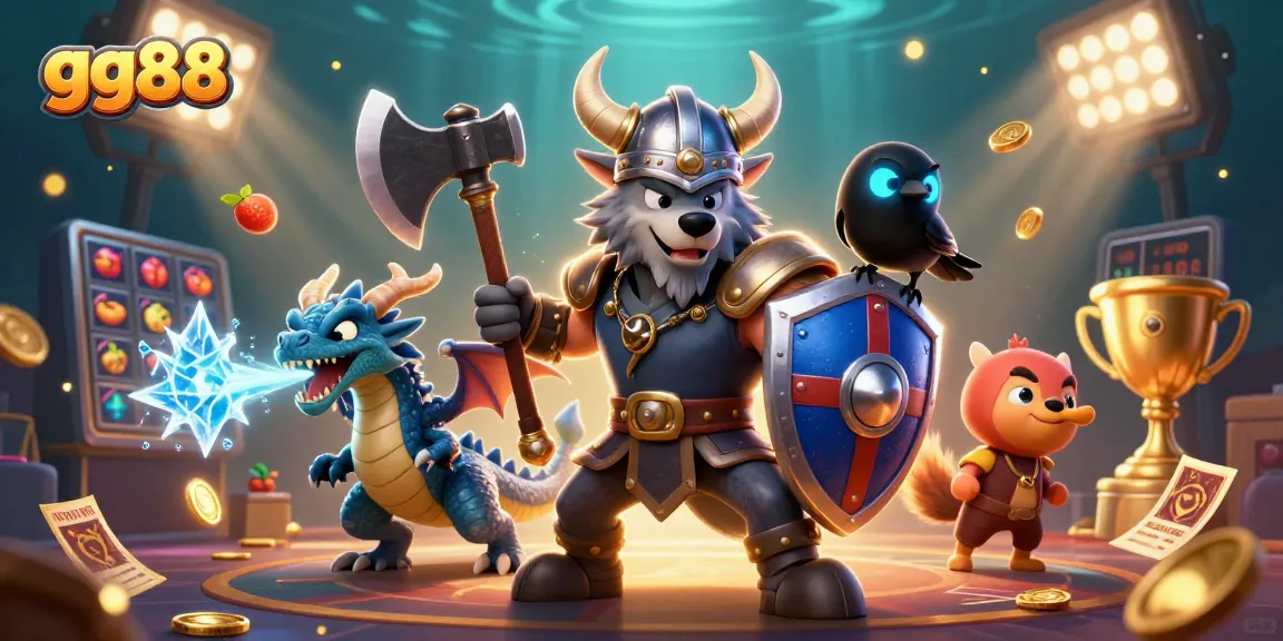Engage in thrilling casino action with gg88 featuring a Viking wolf warrior, dragon, and raven amidst dynamic game elements.