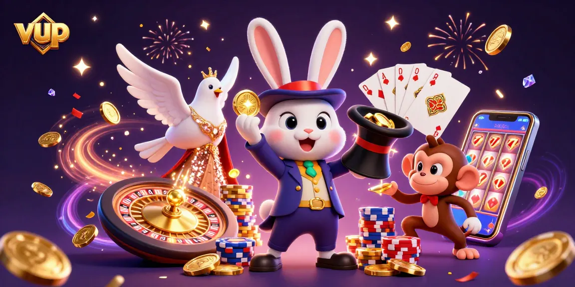 vup casino scene featuring a magician rabbit, sparkling coins, and dynamic gaming elements.