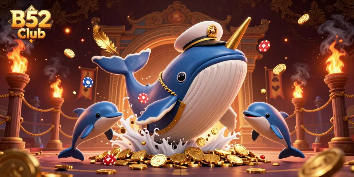 B52 Club showcases an illustration of thrilling casino gameplay with a golden whale and playful dolphins amidst treasure.
