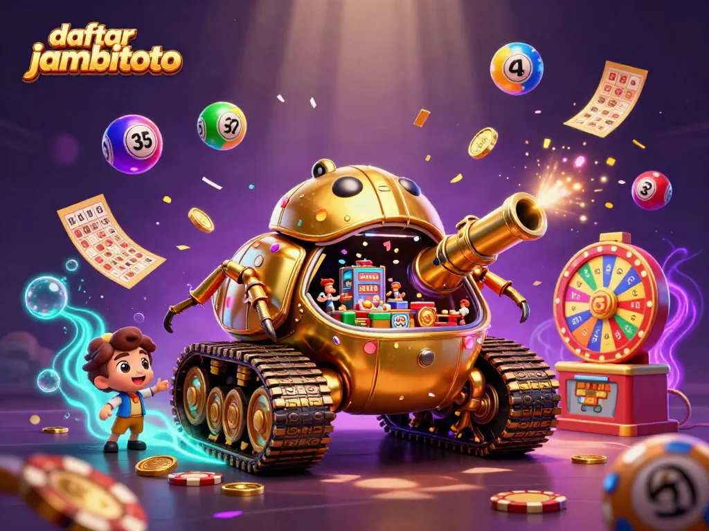 Engaging scene showcasing daftar jambitoto in a vibrant casino-themed 3D illustration with dynamic lottery elements.