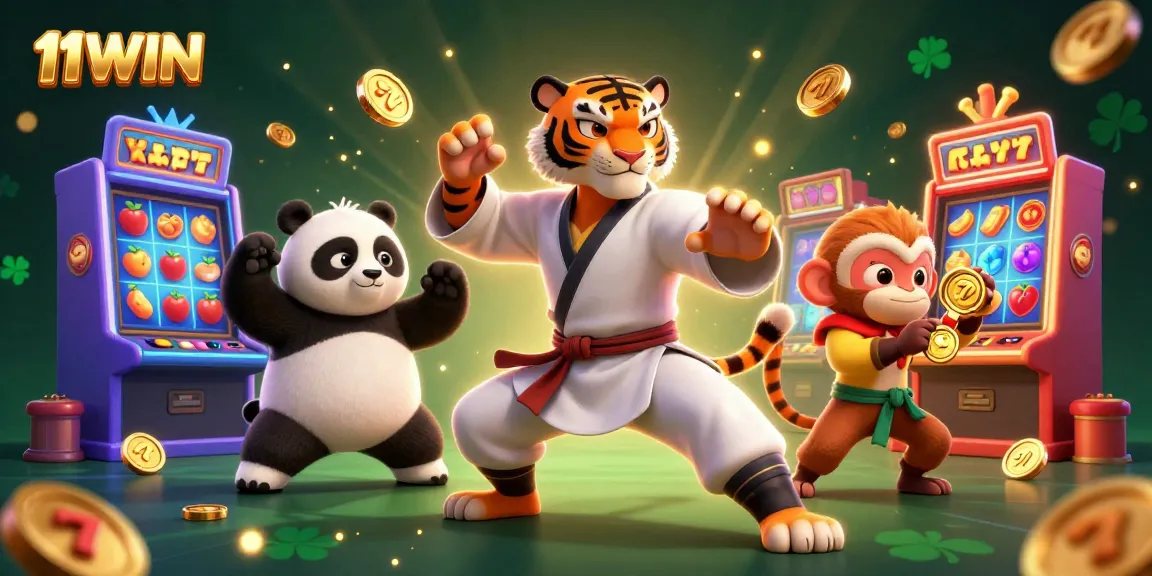 Experience the thrill of 11WIN with a dynamic casino scene featuring kung fu characters and slot machines.