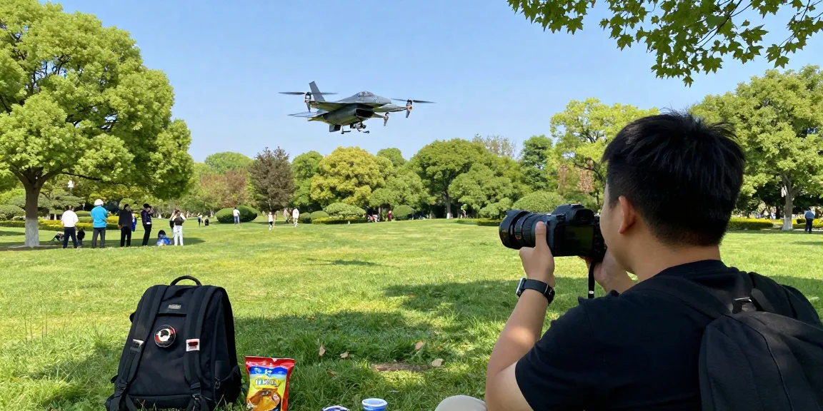 Flying an F168 drone in a scenic park, capturing aerial images with excitement and innovation.