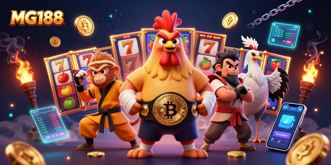 Experience thrilling action at MG188 with vibrant slot machines and digital currency symbols.