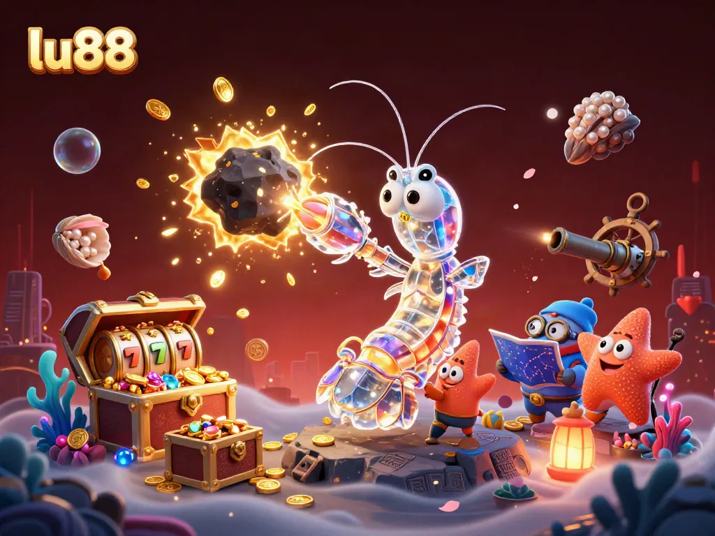 Join the action at lu88 with a colorful 3D scene featuring a mantis shrimp, underwater treasures, and exciting slot elements.