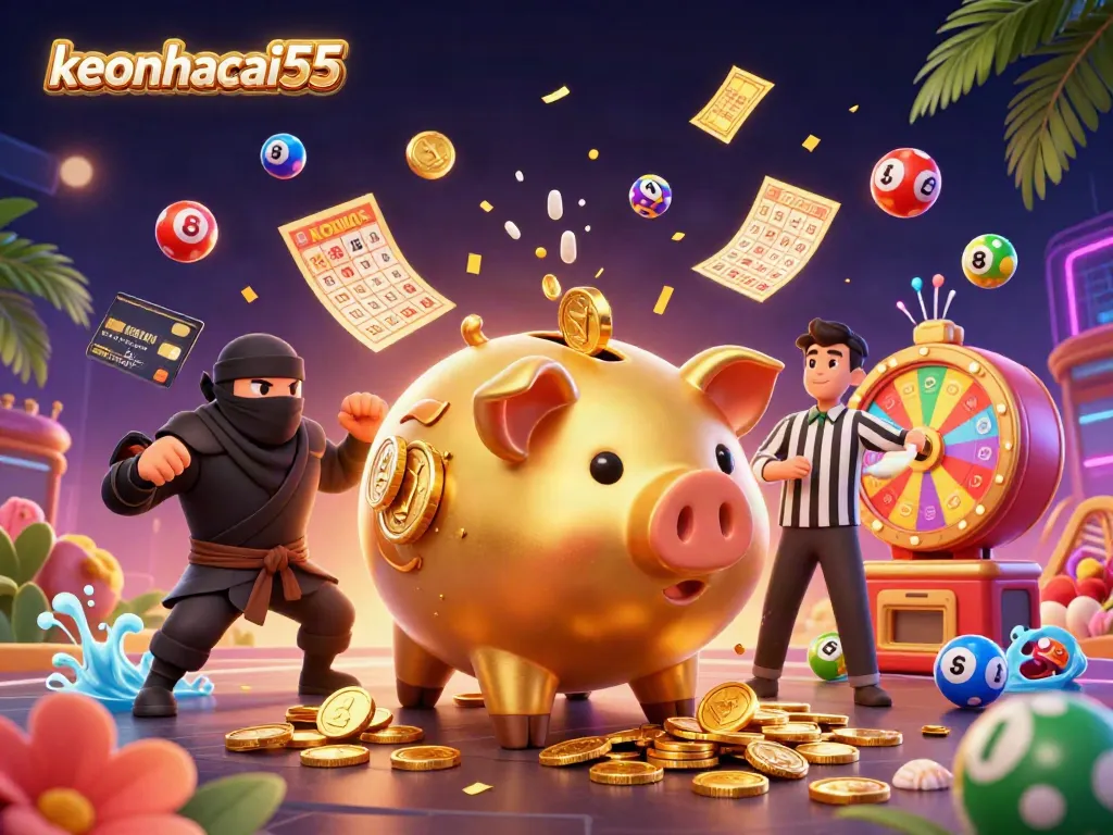 Engage with keonhacai55 as the sumo wrestler piggy bank unleashes a shower of coins, enhancing the excitement in this 3D illustration.