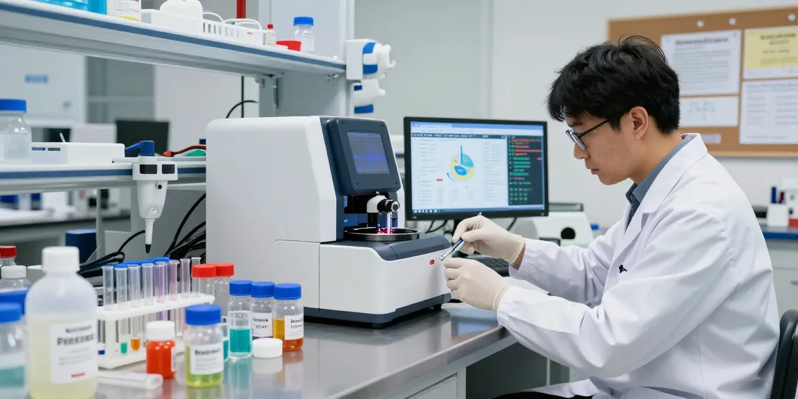 Researcher analyzing SwissChems Peptide samples in a modern lab.