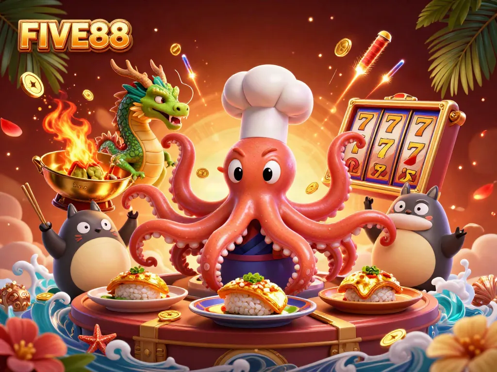 Engage with FIVE88 and experience thrilling slots in a vibrant 3D illustration featuring a sushi chef octopus.