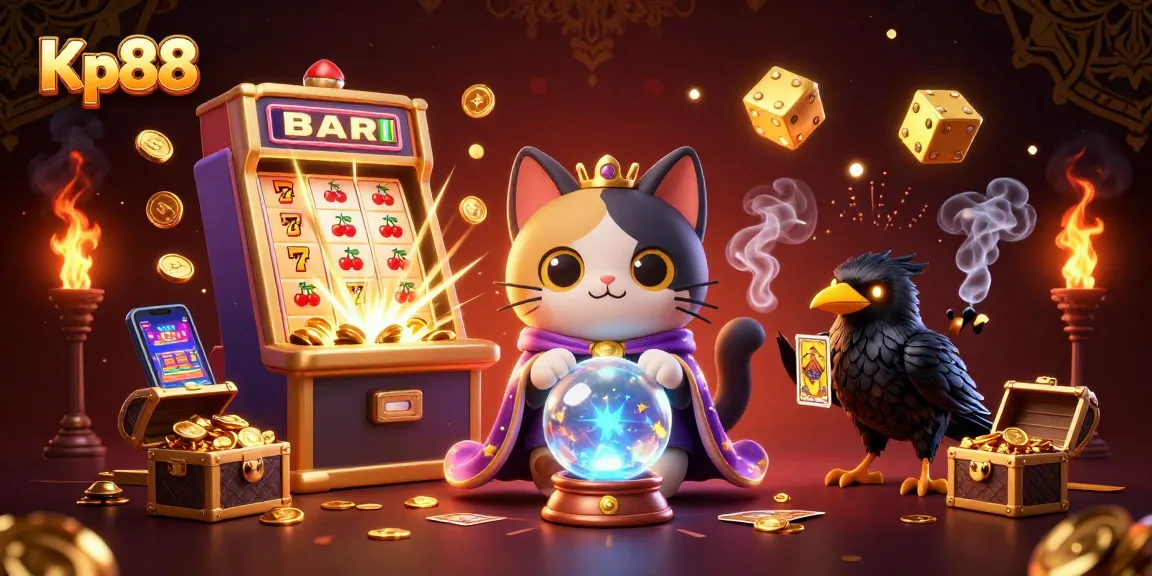 Engage the excitement of Kp88 with a vibrant casino scene featuring a mystical cat and dynamic slot elements.