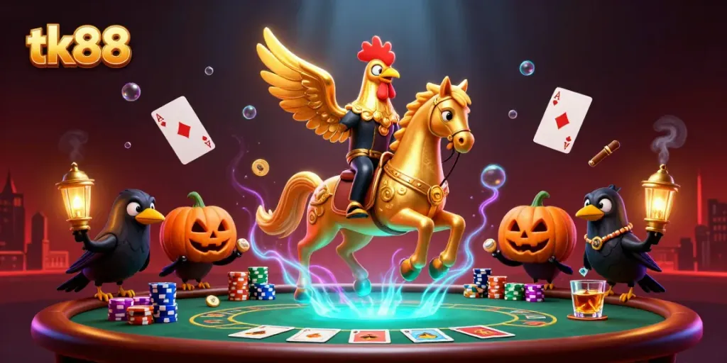 Engage with thrilling tk88 gaming adventures in a vibrant casino scene featuring a golden rooster and poker elements.