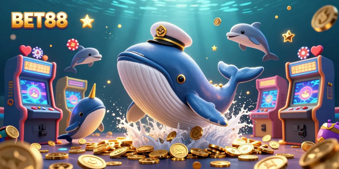 Engage with BET88's vibrant casino world, featuring a whale, narwhal, and dolphins among coins.