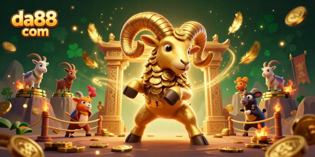 Join the action at da88 com as the golden ram charges through a vibrant casino scene filled with coins and games.