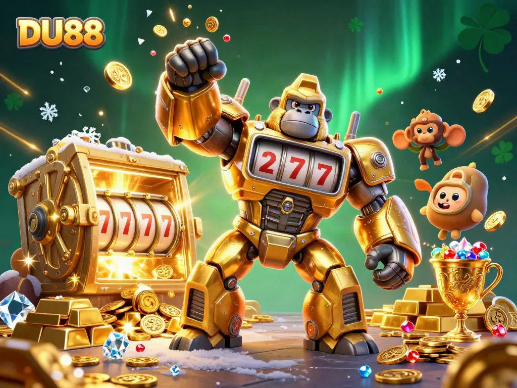 Engage with DU88's vibrant casino experience featuring a golden gorilla mech and dazzling treasures.