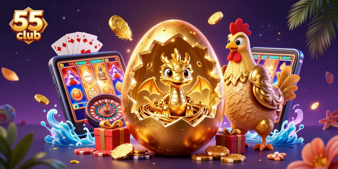 Experience the excitement of 55 club with a golden dragon and casino games illuminating the scene.