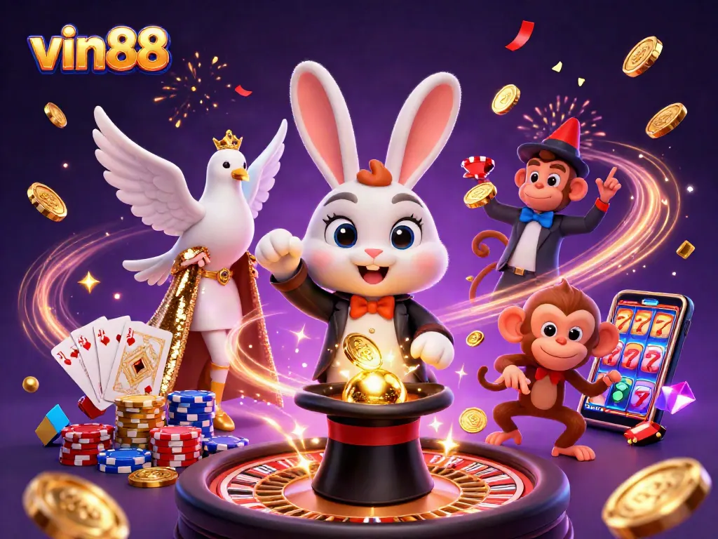 Experience the excitement at vin88 with a magical scene of a rabbit pulling coins, enhancing the casino atmosphere.