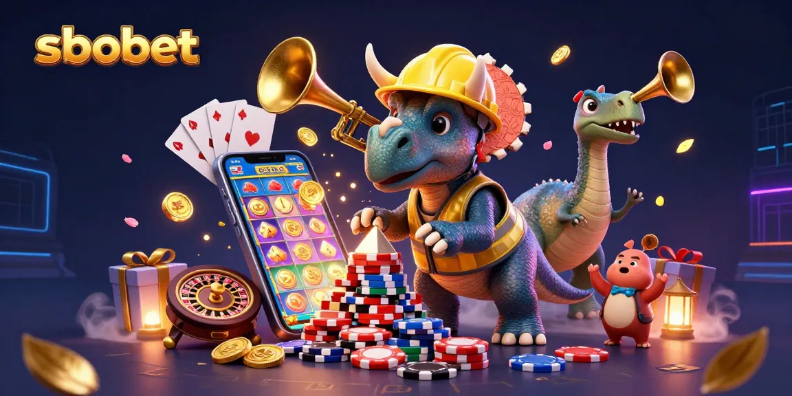 Sbobet fuels exhilarating casino fun with a vibrant scene of a triceratops building poker chips and cheering characters.