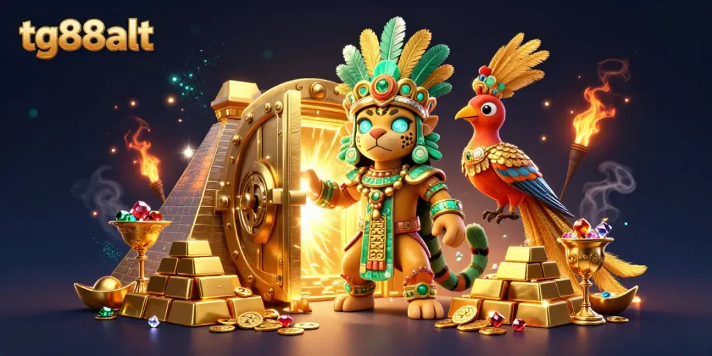 Experience the excitement of tg88alt in this vibrant Mayan-themed casino scene filled with treasures.