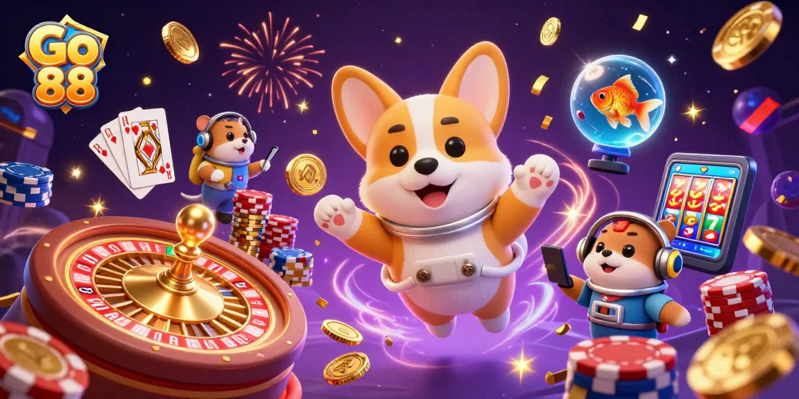Experience the excitement of Go 88 in this dynamic casino scene featuring an astronaut corgi and friends.
