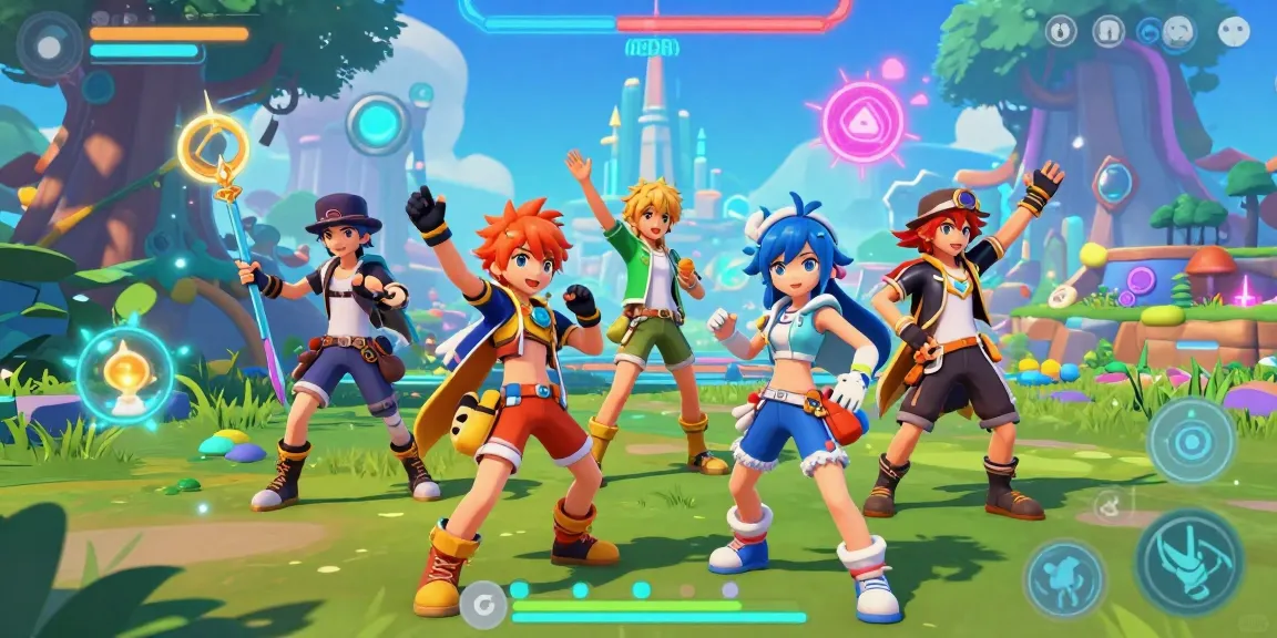 Colorful characters from ecchi games interacting in a vibrant gaming scene, showcasing dynamic poses and fantasy props.