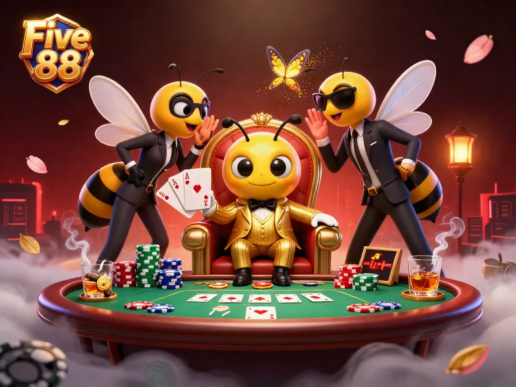 Experience the excitement of Five 88 as the buzzing bumblebee mob boss commands a vibrant casino scene.