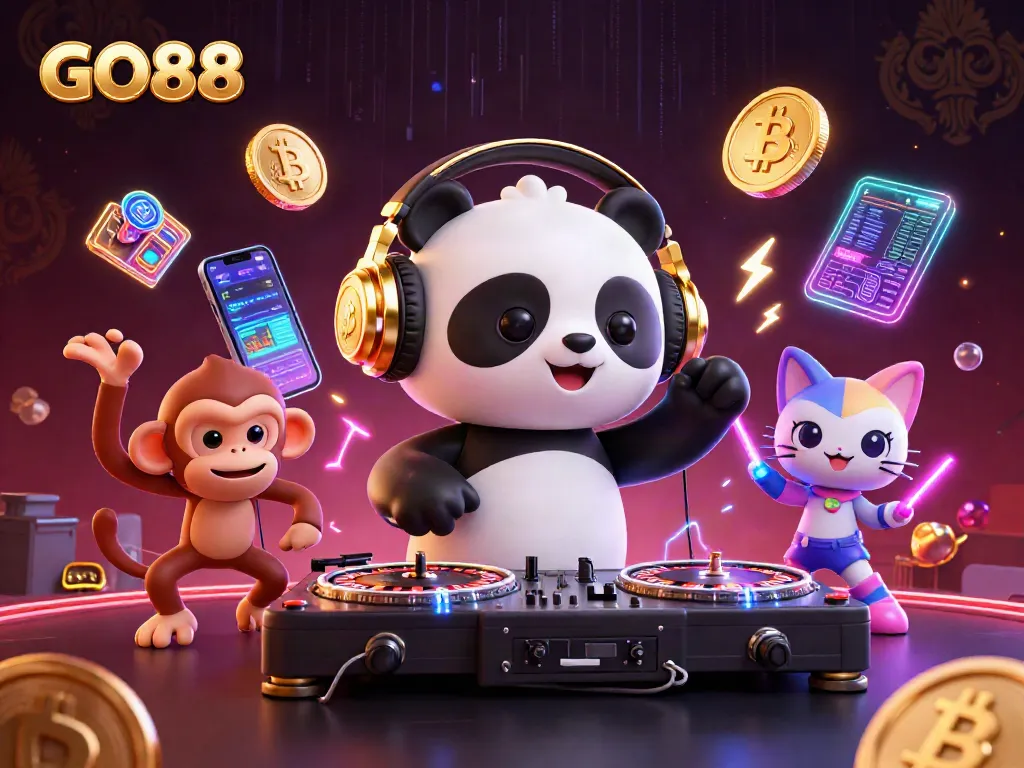GO88 showcases a lively 3D illustrated scene with a DJ panda and vibrant elements of cryptocurrency and casino excitement.