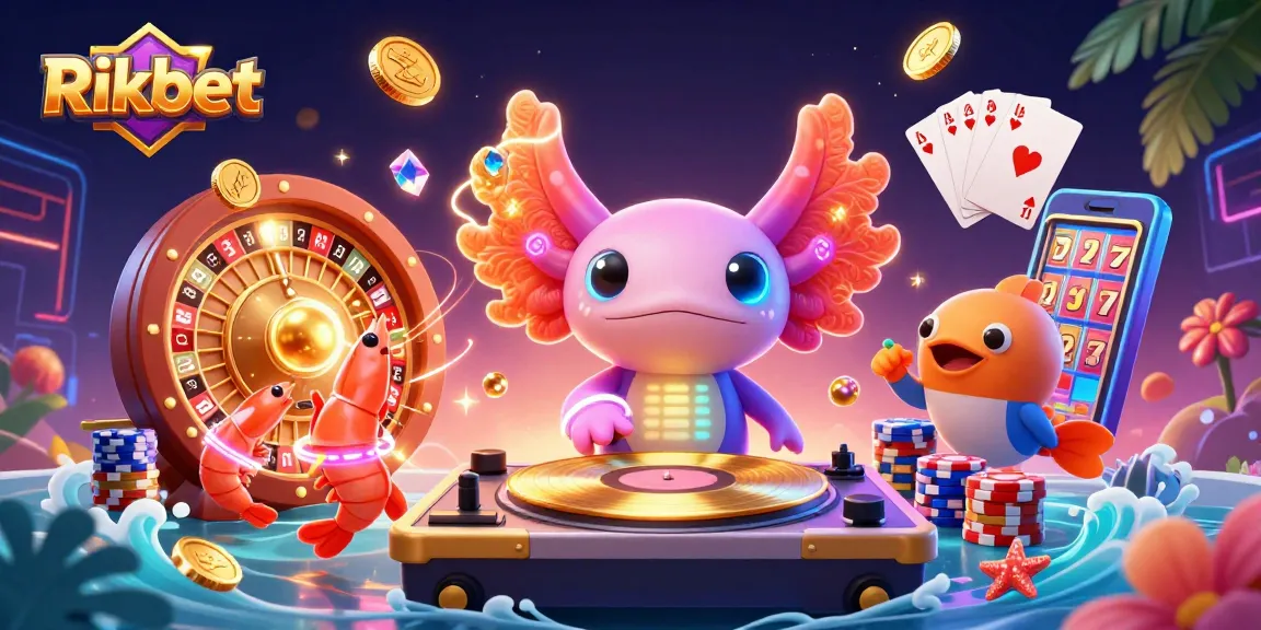 Engage with Rikbet's vibrant casino scene featuring an axolotl DJ, shrimp dancers, and exciting gambling elements.
