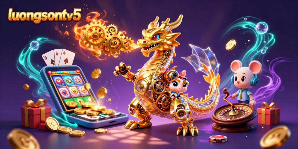 Experience thrilling gaming with luongsontv5 as a golden dragon breathes gears amidst vibrant casino elements.