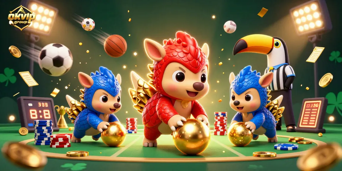 Engage in exciting gameplay with the okvip group as animated pangolins enjoy a lively casino competition.