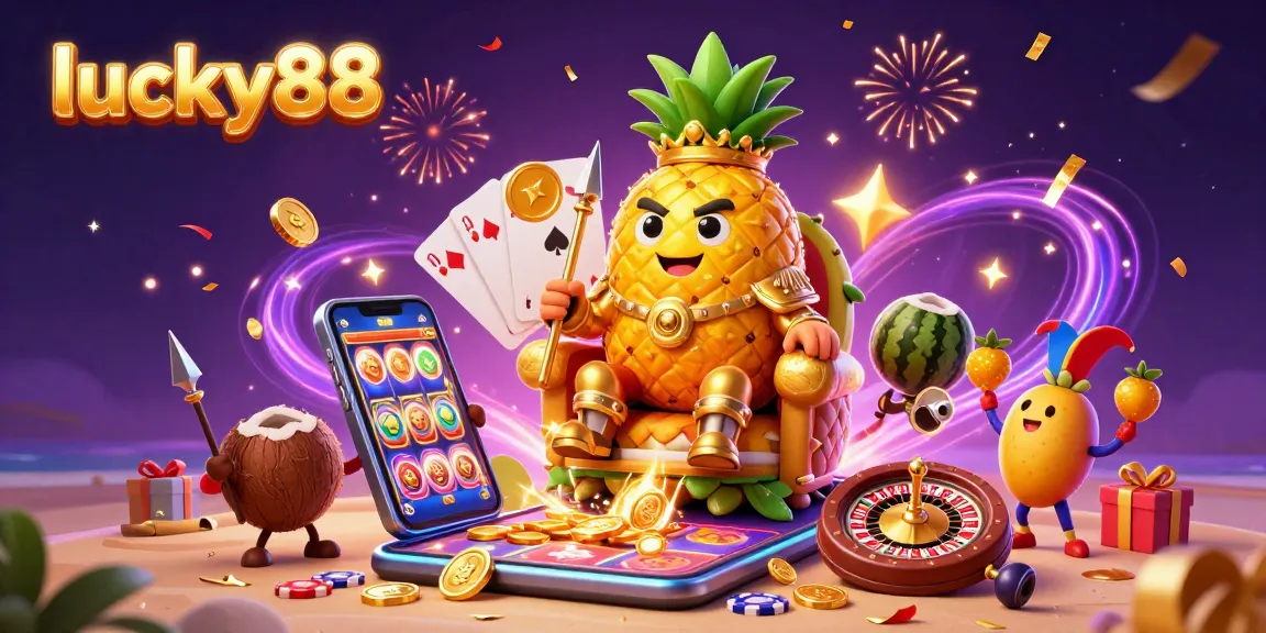 Experience winning with lucky88 as the pineapple king, jester, and bodyguards engage in a vibrant casino celebration.