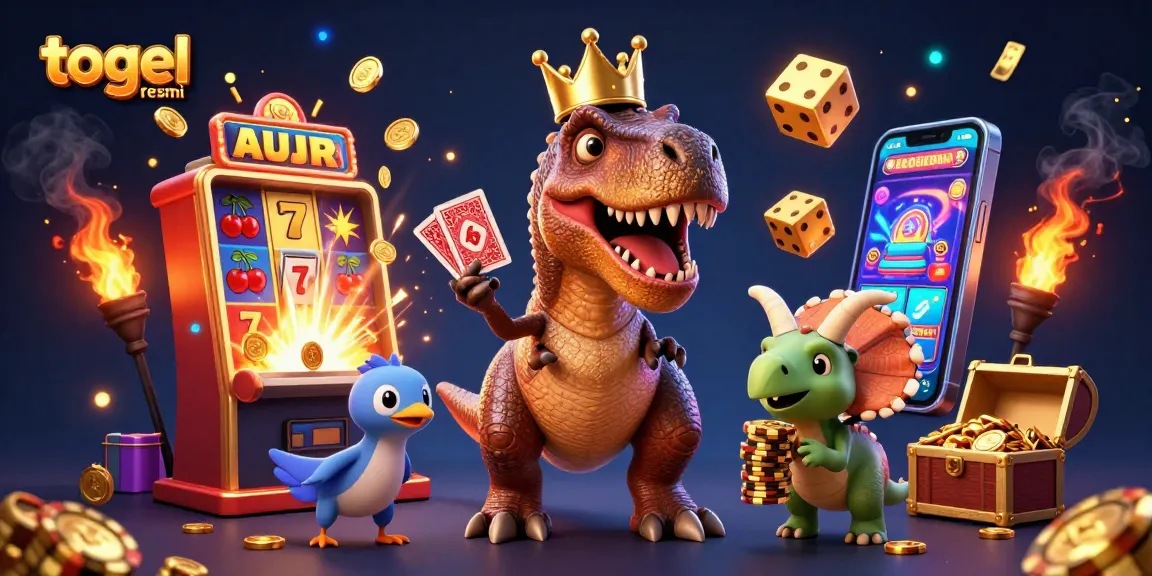 Melihat permainan togel resmi dengan T-Rex bermahkota emas dan teman-temannya dalam ilustrasi ceria.