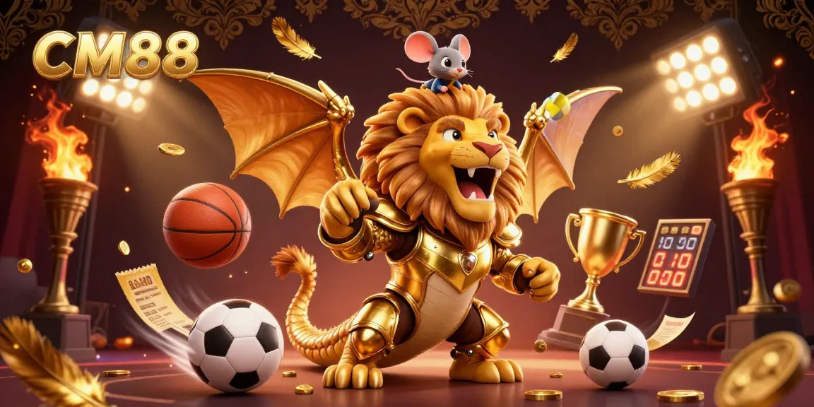 CM88 celebrates triumph with a chimera and a mouse jockey amidst dynamic sports betting elements.